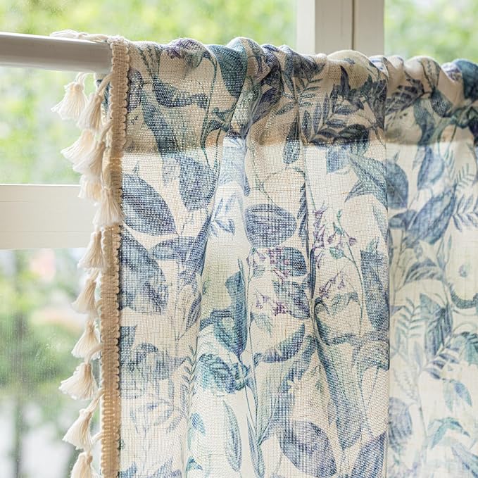 Deeprove Blue Boho Valance Curtain 52W x 18L with Tassels Over Sink, Chic Botanic Leaf Kitchen Window Sheer Linen Look Short for Bohamian Cafe Closet Cabinet Farmhouse Country Style Privacy 1 Panel