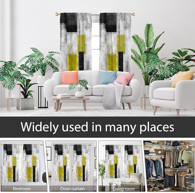 AAtter Yellow Window Curtain Black and White Grey Gray Abstract Modern Dark Mustard Aesthetic Mens Pastel Living Room Bedroom Rod Pocket Drapes Treatment Fabric 1 Pair Home Decor, 42" W x 63" L, Art