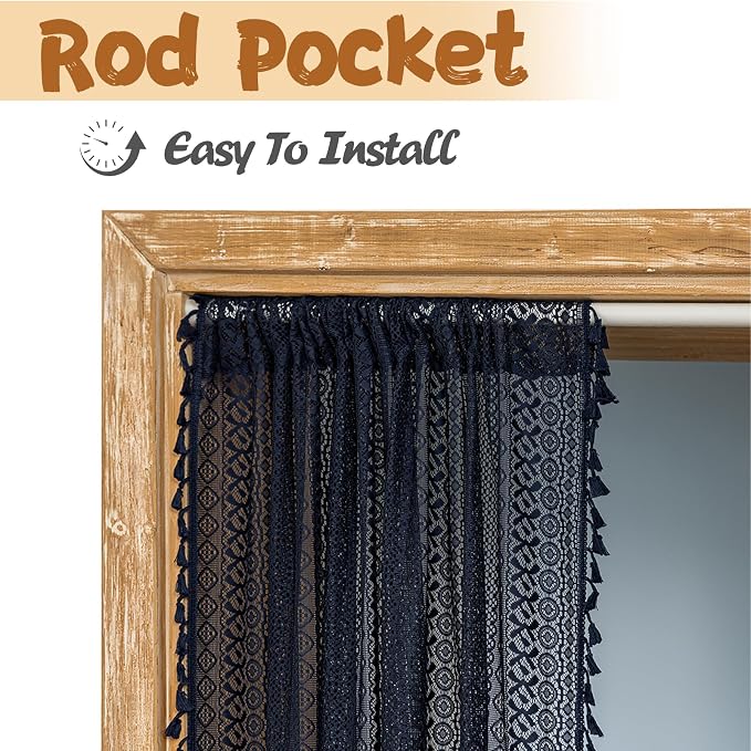 Sutuo Home Navy Blue Boho Doorway Curtain for Doorway Closet, Lace Sheer Door Curtain for Sliding Door Crochet Vintage Tassels Bohemian Privacy Temporary Room Divider Rod Pocket,1 Panel 37" x 80"