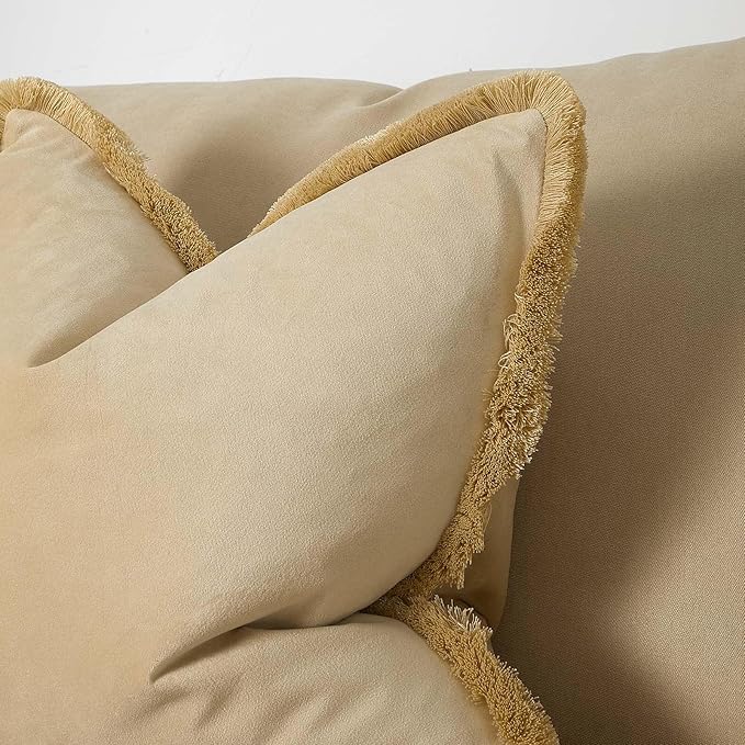 JUSPURBET Pack of 2 Khaki Decorative Fringe Velvet Throw Pillow Covers 16x16 for Home Decor Living Room Bedroom Car Boho Soft Cushion Cover with Hidden Zipper Machine Washable