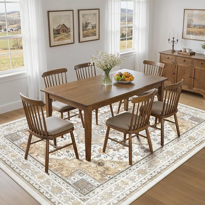UERMEI 10x12 Area Rug for Living Room - Washable Vintage Carpet, Non-Slip Soft Large Indoor Floor Rugs for Bedroom Home Office & Under Dining Table Decor, Brown Beige