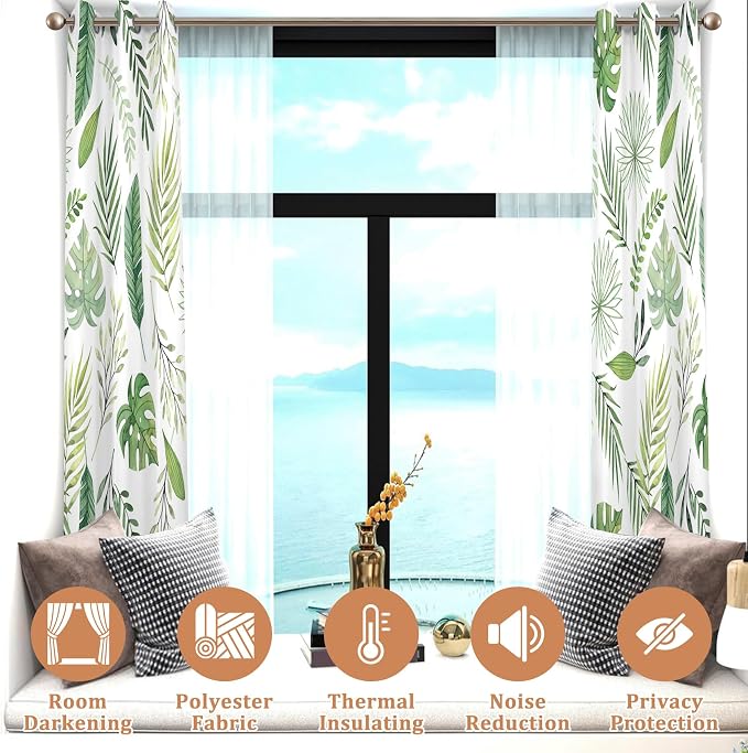 Renaiss Green Leaf Blackout Curtains, Tropical Safari Plants Patterned Thermal Insulated Bedroom Window Curtains, Eucalyptus Botanical Window Drapes for Living Room, 96" L x 42" W 2 Panel Set