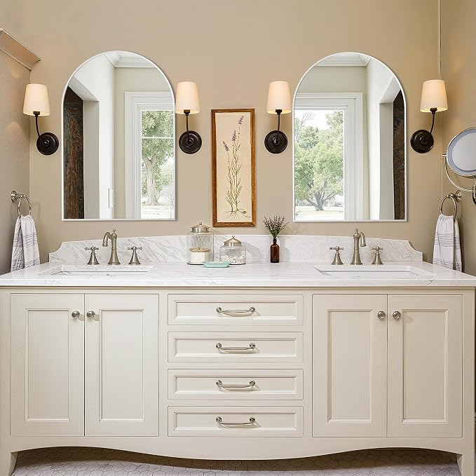 Bathroom Vanity Mirror for Wall, 30”x20” Arched Bathroom Mirror for Over Sink, Arched Metal Frame for Bedroom, Living Room, Entryway, Hanging or Leaning, Silver