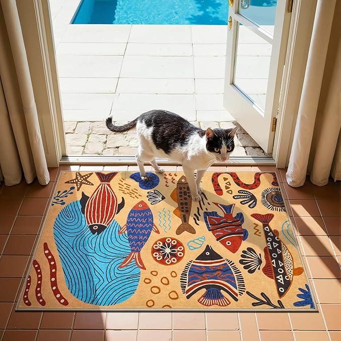 jinchan 2x3 Coastal Area Rug Kids Washable Fun Rug Colorful Ocean Fish Small Mat Non Slip Doormat Lightweight Soft Cozy Throw Carpet for Entryway Nursery Playroom Bedside Dorm Bathroom, Tan
