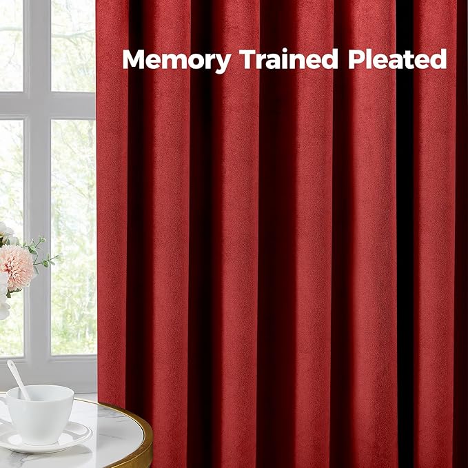 Pinch Pleated Blackout Curtains for Bedroom, Red Velvet Curtains for Living Room, Black Out Curtain 96 inch Long Room Darkening, Blackout Pinch Pleatd Drapes with Hooks 2 Panels