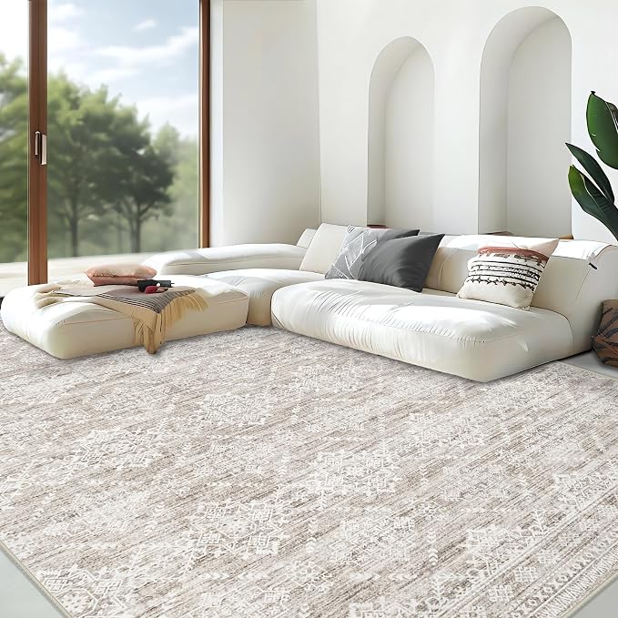 Area Rug for Living Room 9x12: Large Washable Boho Moroccan Rugs Geometric Neutral Rug, Non-Slip Foldable Morden Farmhouse Indoor Floor Carpet for Bedroom Dining Table Home(Ivory Mocha,9'x12')