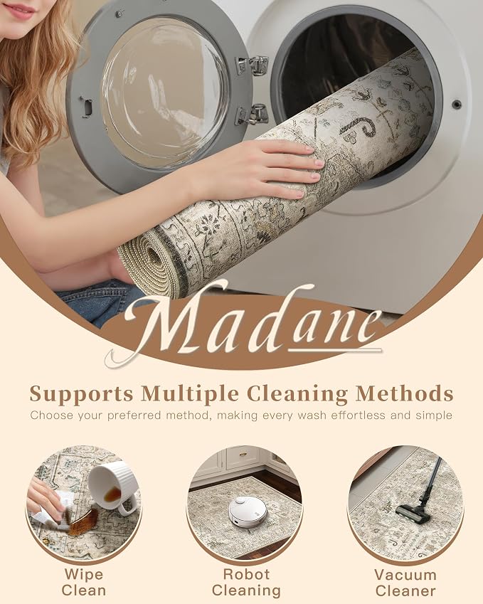 Madane Hallway Runner Rug 3x10 Washable Kitchen Runners 10ft, Ivory/Brown | Vintage Non-Slip Entryway Area Rugs Indoor, Soft Low-Pile Farmhouse Wide Floor Carpet for Bathroom Living Room Bedroom Foyer