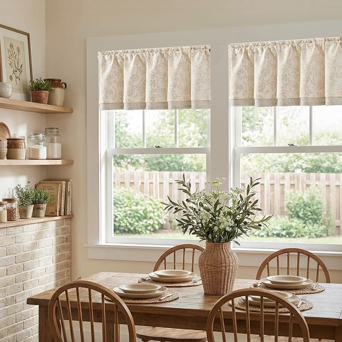 jinchan Linen Valance Curtain Farmhouse Floral Printed Small Window Curtain for Kitchen Rustic Light Filtering Valance for Living Room Bedroom Bathroom 16 Inch Rod Pocket 1 Panel Taupe on Beige
