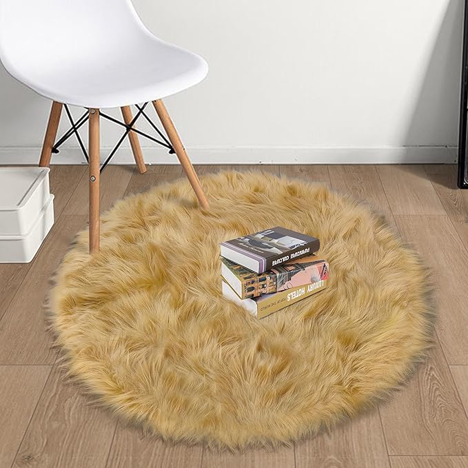 Khaki Faux Fur Round Rug for Bedroom, Fluffy Circle Rugs 2 2 Feet for Kids Room, Furry Carpet for Teen Girls Room, Non-Slip Shaggy Circular Rug Plush Rug