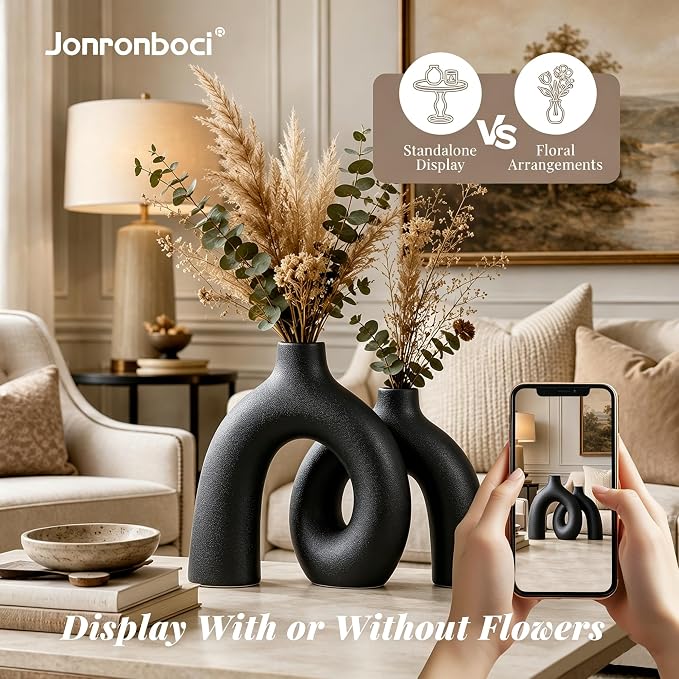 Matte Black Vase Set - Hug Hollow Donut Aesthetic Ceramic Vases Home Decor, Modern Nordic Minimalist Decorative Vase for Table Centerpiece Bookshelf Office Entryway Console Fireplace (Black)