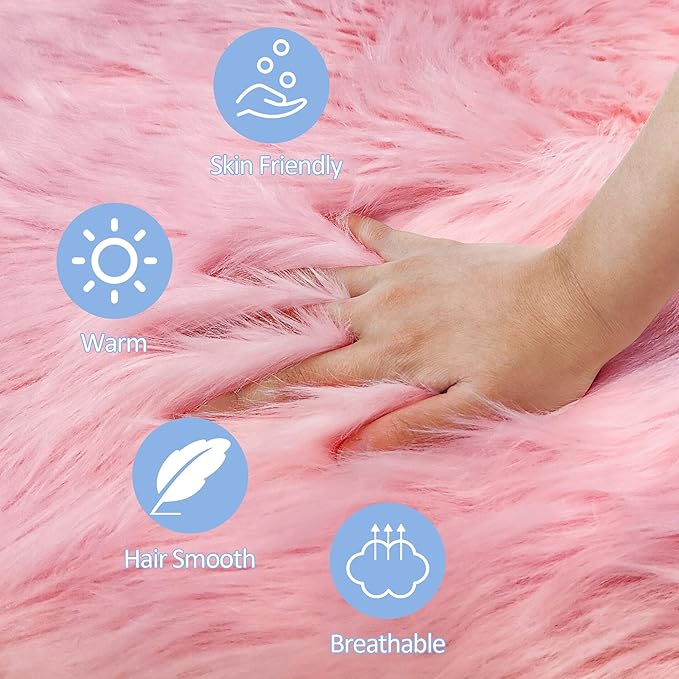 15.7 Inches Mini Pink Round Faux Fur Sheepskin Area Rug, Fluffy Small Circle Rugs Cushion for Chair, Furry Carpet for Nail Desk, Shaggy Circular Rug Plush Rug