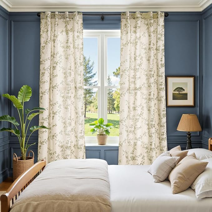 jinchan Green Floral Linen Curtains 84 Inch Flower Drapes Back Tab 2 Panels | Green on beige, light filtering, semi sheer, farmhouse, rustic, country, bedroom, living room, kitchen, window treatment