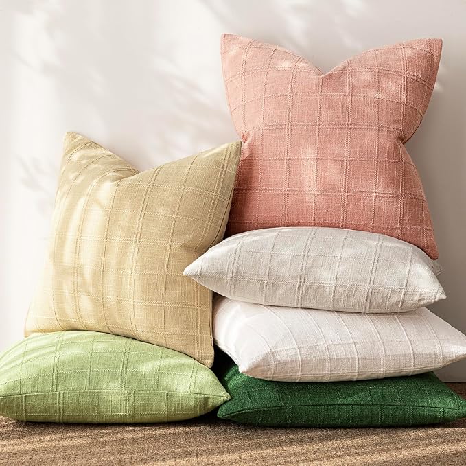 Foindtower Set of 2 Decorative Linen Check Throw Pillow Covers Neutral Farmhouse Vintage Cushion Covers Modern Boho Accent Home Decor for Sofa Chair Couch Bedroom Living Room,22×22 Inch,Coral Pink