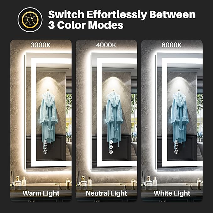 24x32 LED Bathroom Mirror, Dual Lit Anti-Fog Wall Vanity Mirror | 3 Color Dimmable, Memory Function, Shatter-Proof Tempered Glass, ETL Listed, IP54 Waterproof Horizontal/Vertical