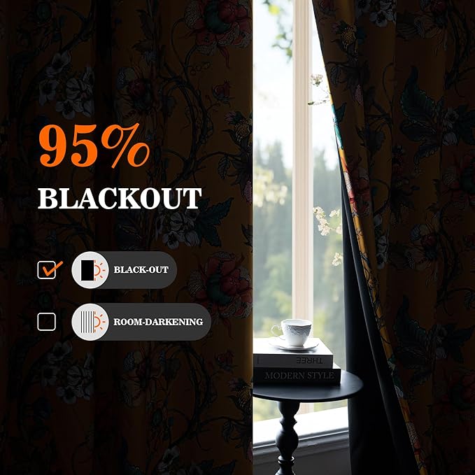 MYSKY HOME Floral 95% Blackout Curtains 54 Inches Long Thermal Insulated Light Blocking Drapes Grommet Country Coquette Window Panels, 2 Pcs, 52" Wide, Yellow