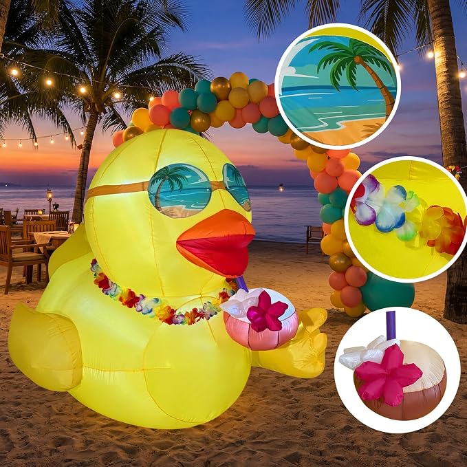 6 FT Giant Inflatable Duck, Summer Inflatables Outdoor Decorations for Yard | Blow Up Duck with Hawaiian Leis, Luau Party Decorations, Powerful Blower & LED Lights, Pool Beach Tropical Lawn Party Decor