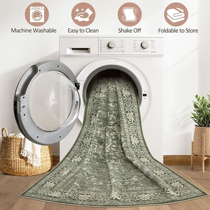8x10 Area Rugs Living Room: Washable Boho Large Neutral Vintage Soft Rug Stain Resistant Farmhouse Non-Slip Indoor Floor Carpet for Bedroom Nursery Kids Playroom Office Dining Room Home- Dark Green
