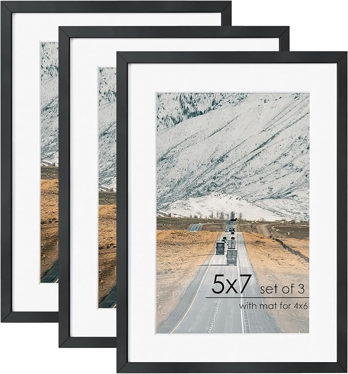 FLYJOE 5x7 Picture | Metal Picture Frame With Mat For 4x6 | 5x7 Aluminum Frame | 5 x 7 Photo Frame | Plexiglass And Hanging Hardware Included | 5x7 Black Picture Frame | 3Pcs, Black