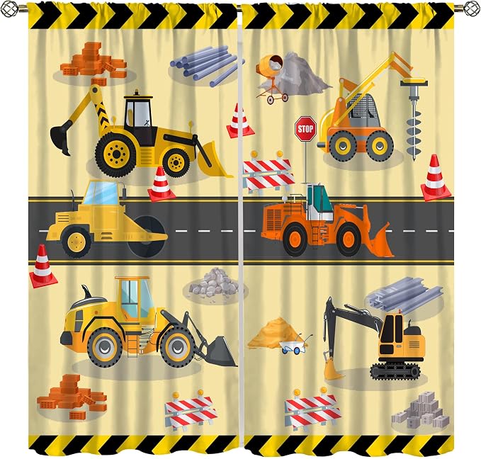 Excavator Truck Blackout Curtain,Kids Boys Cartoon Car Construction Equipment Vehicles Curtains for Dining Room Living Room Kitchen Cafe Bedroom Office Drapes,52x96 in
