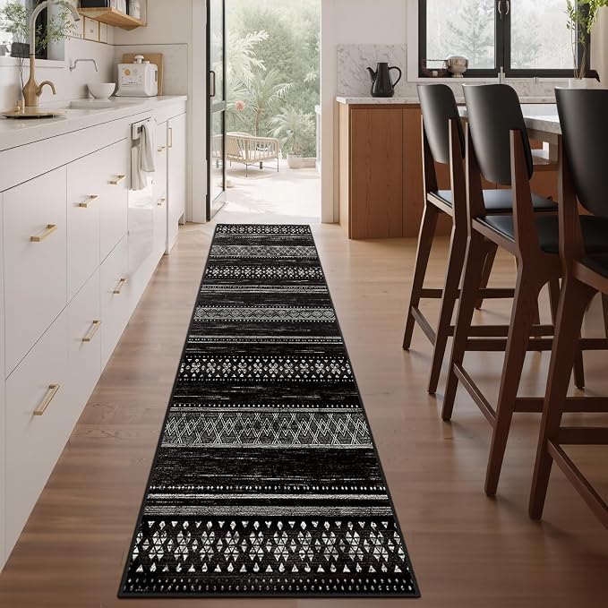 BESTSWEETIE 2x10 Area Rugs for Living Room Washable Moroccan Farmhouse Neutral Geometric Low Pile Non-Slip Soft Print Pattern Rug for Bedroom Kitchen Dining Room Entryway Black/White