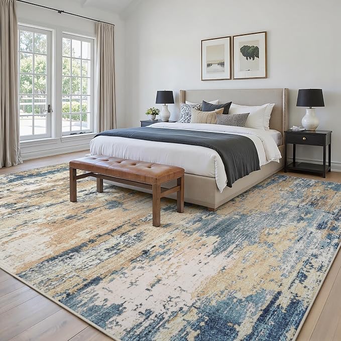 Area Rugs 8x10 Living Room: Large Soft Washable Rug Modern Abstract Anti-Skid Non-Shedding Carpet Indoor Floor Thin Carpets for Bedroom Dining Room Farmhouse Nursery Home Office Brown Blue