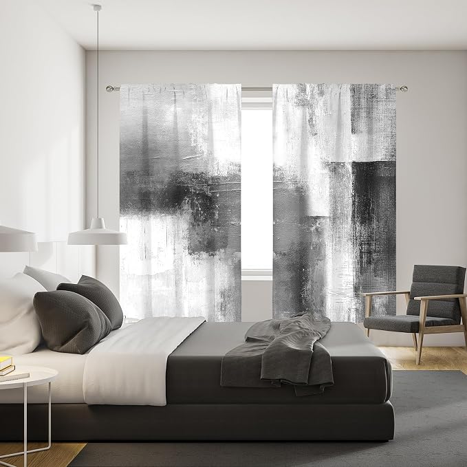 MESHELLY Abstract Grey Curtains 42W x 63H Inch Rod Pocket Rust Black White Art Painting Modern Contemporary Watercolor Cool Oil Print Living Room Bedroom Window Drapes Fabric 2 Panel