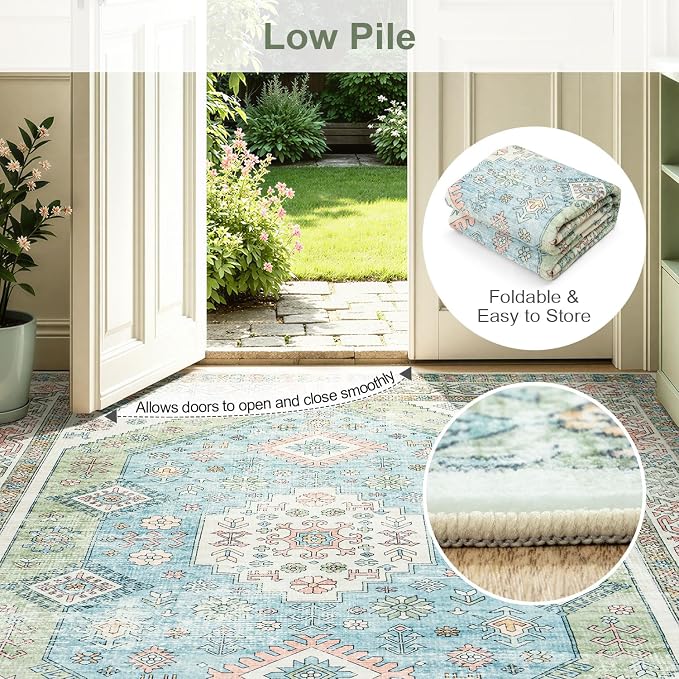 Lofus Vintage Living Room Rugs 5x7, Soft Machine Washable Area Rug for Bedroom Indoor Floor Home Office House Decor, Oriental Traditional Distressed Farmhouse Carpet, Boho Sage Green and Light Blue
