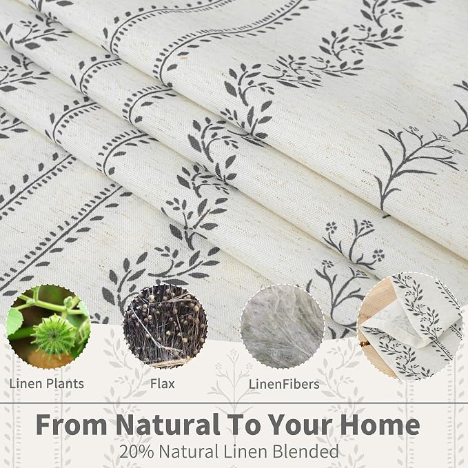 BGment Short Boho Curtains Leaf Floral Print Cottage Core Botanical Curtains for Bedroom Light Filtering Curtain 54 Inch Long for Farmhouse Rustic, Each 52 Inch Wide, 2 Panels Set, Dark Grey