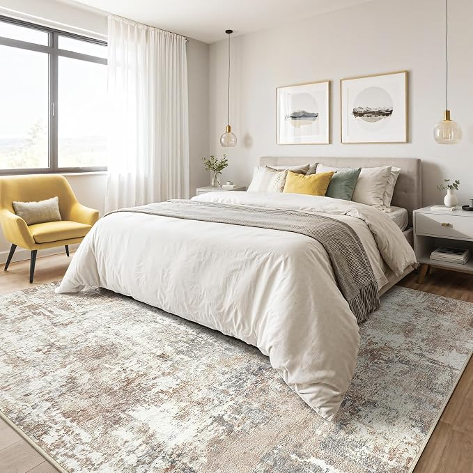 8x12 Area Rug Living Room: Washable Large Abstract Modern Soft Rugs Stain Resistant Indoor Floor Non-Slip Accent Carpet for Bedroom Nursery Playroom Office Dining Room Home House- Brown