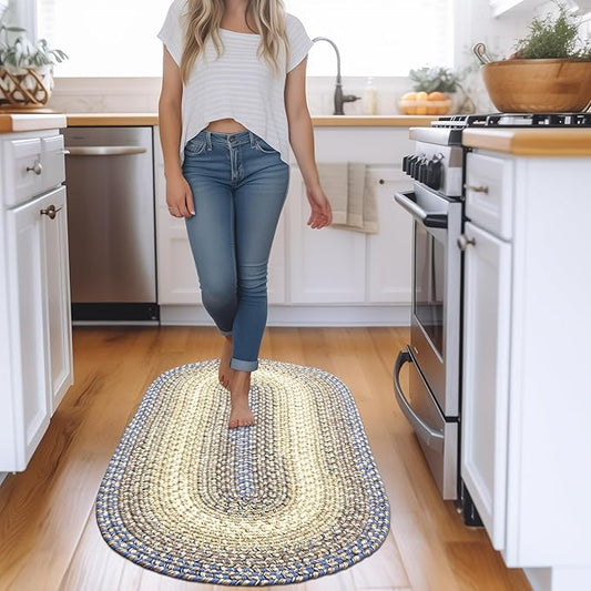 Super Area Rugs Braided Rugs Farmhouse Kitchen Rug - Ridgewood Braided Rug for Living Room - Reversible - Indoor/Outdoor - Made in USA - Blue/Beige, 2' X 4' Oval Runner