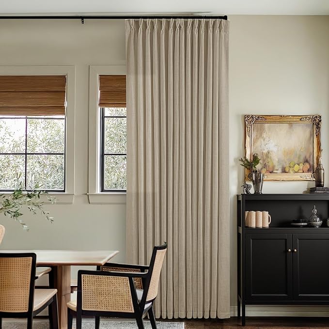 Greige 80 Inches Long Linen Curtains for Living Room Pinch Pleat Hooks for Living Room Back Tab Thick Linen Textured Pleated Drapes Light Filtering Tan Taupe Bedroom Window Curtains 80 Inch Length