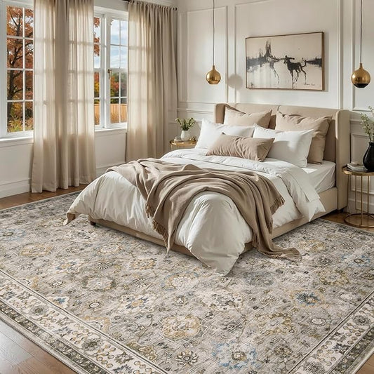 Tangsoo 5x7 Area Rug for Living Room Non Slip,Washable Vintage Beige Grey Floral Rug for Bedroom Laundry Office, Soft Low Pile Stain Resistance Retro Indoor Boho Gray Carpet Mats for Farmhouse Dinning