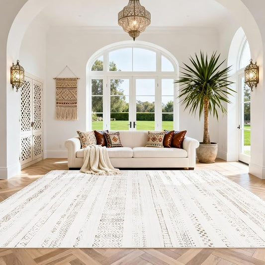 Srugn Moroccan Washable Rugs 8x10 Area Rugs for Living Room,Bedroom,Dining Room- Large Ultra Soft Faux Wool Retro Carpet,Non Slip&Non-Shedding Low Pile Vintage Print Rug-(Light Brown-White)