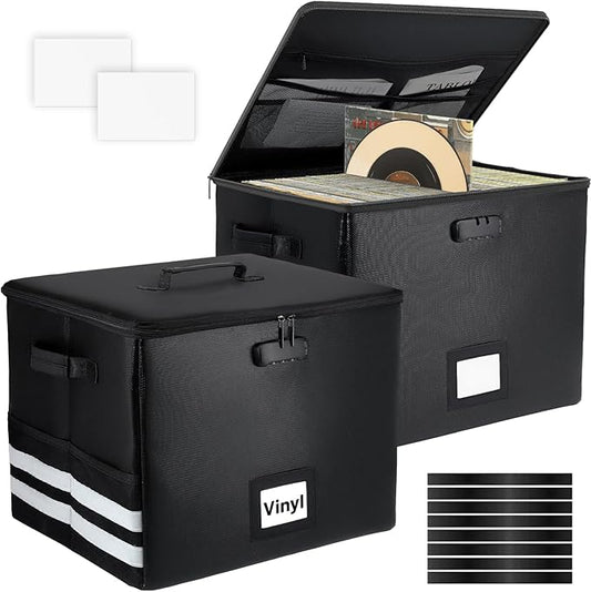 2 Pcs Vinyl Record Storage Box with Lock, 15.8 Inch Record Organizer Storage Fire＆Water Resistant Hold 100+ 12" Vinyl Albums Crate with Lid Handles Record Collection File Holder Box Collapsible Black