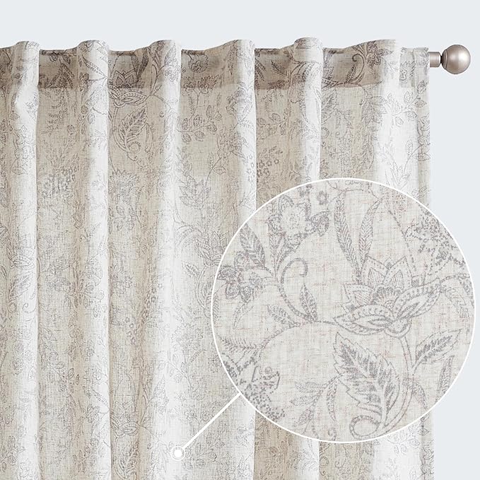 jinchan Floral Linen Blend Curtains for Living Room Verbena Grey French Country Farmhouse Curtains 63 Inches Long Light Filtering Window Back Tab Semi Sheer 2 Panels