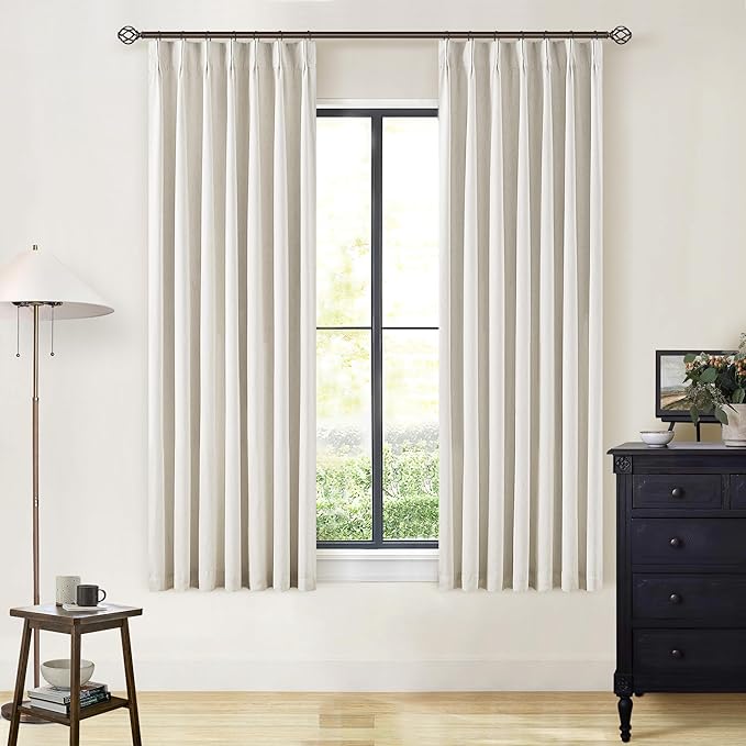 Natural Linen 63 Inch Length Blackout Curtains Pinch Pleated Drapes Back Tab Farmhouse 100% Black Out Short Room Darkening Pinch Pleat Curtains with Hooks Rings for Small Window Bedroom Cream