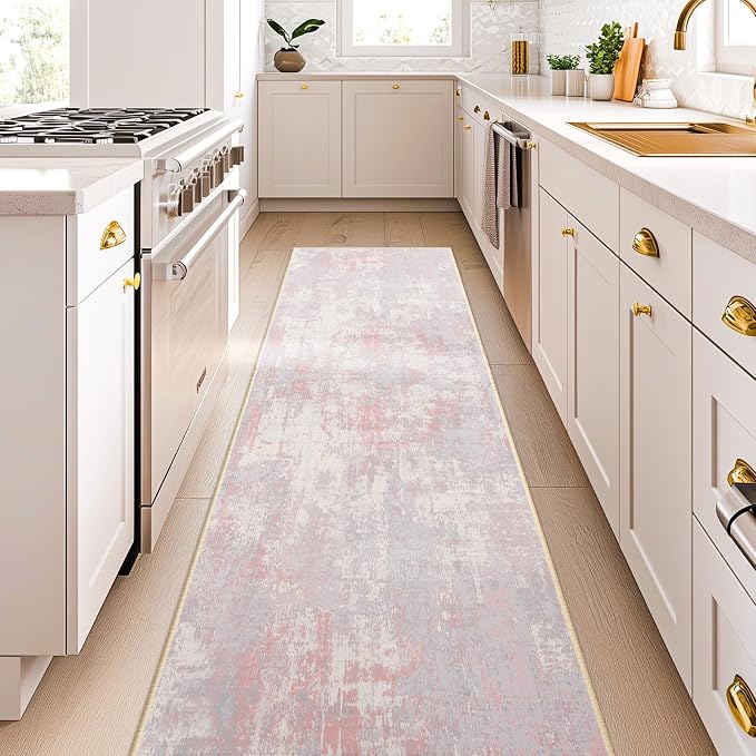 RELEANY Washable Area Rugs 2'x8' Non-Slip Modern Abstract Soft for Living Room Entryway Bedroom Kitchen, Print Pattern, Grey Pink