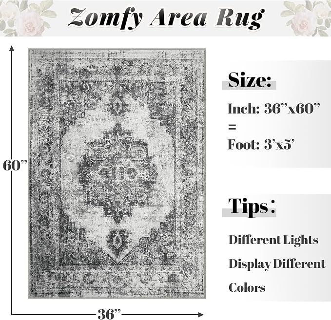 Area Rug 3x5 Vintage Rug: Washable Indoor Medallion Rug Low Pile Distressed Floor Carpet Retro Accent Doormat for Bedroom Bathroom Hallway Kitchen Home Office(Black, 3'x5')