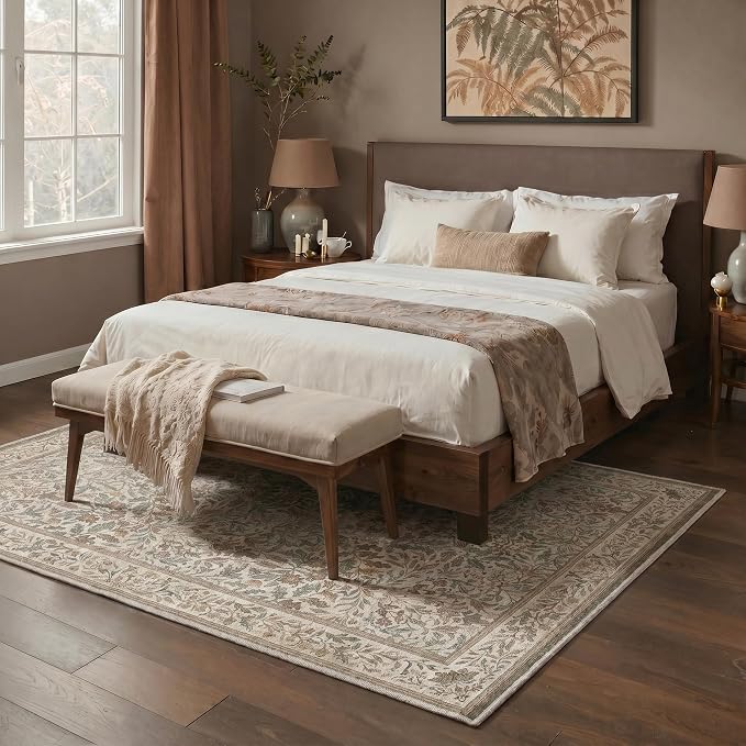 GENIMO 8x10 Washable Area Rugs for Living Room, Non Slip, Brown | Vintage Boho Floral Low Pile Thin Carpet for Bedroom, Dining Room, Nursery, Indoor Decor