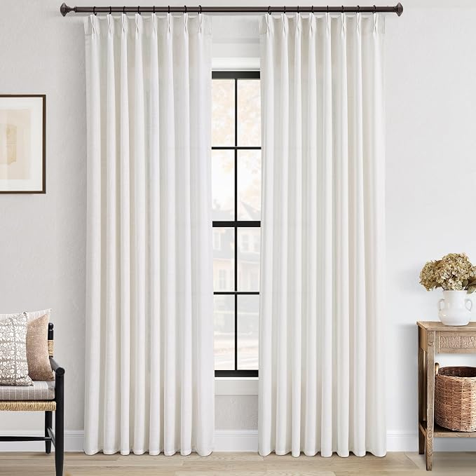Pleated Linen Curtains 94 inch Long for Living Room Patio Sliding Door Light Filtering Semi Sheer Curtains 94 inch Length 2 Panels Set Modern Elegant Textured Thick Pleat Drapes Neutral Cream