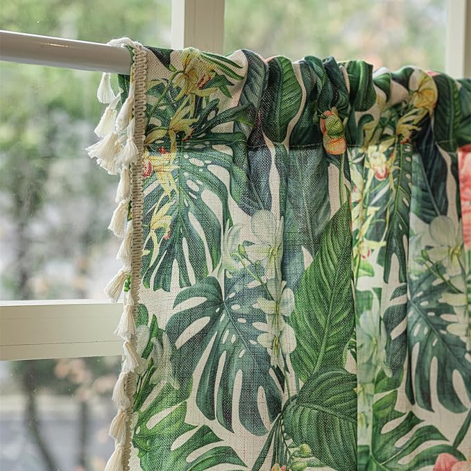Deeprove Boho Valance Tropical Botanical Leaves Print Curtain 18 Inch Long, Green Monstera Plant Red Florals Kitchen Window Small Vintage Drape Tassels for Spring Summer Decor 1 Panel 52W x 18L