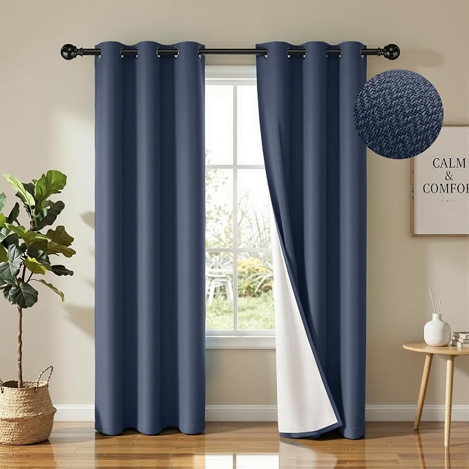 2 Panels 100% Blackout Linen-Textured Curtains, Thick Thermal Insulated Grommet Drapes with Subtle Herringbone Weave, Luxury Decor for Bedroom/Living Room, 37 x 84 Inches, Navy