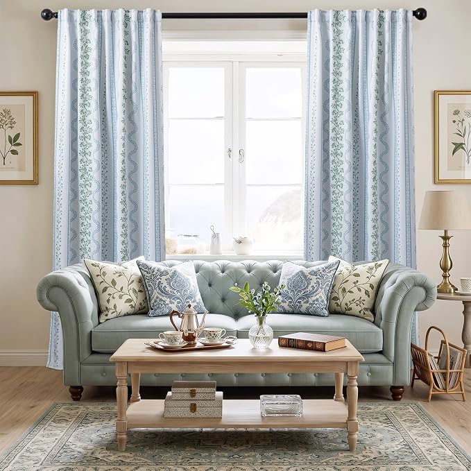 Light Blue and White Floral Blackout Curtains, French Country Cottage Core Green Scalloped Thermal Insulated Drape for Summer Heat, Grand Millenial Coastal Curtain for Living Room Bedroom 84 Inch Long