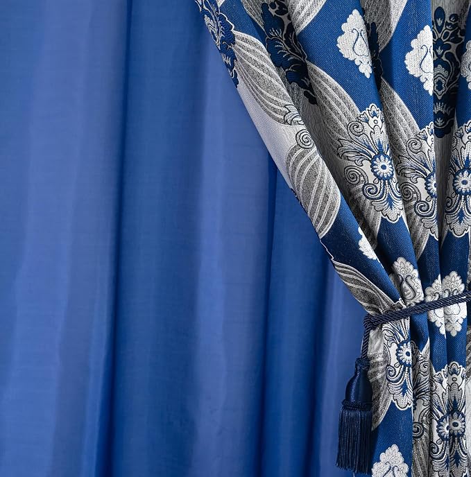 Petrichor Elegant Curtains with Gold Silver Threads 2 Panels Set - Luxury Window Treatment Attached Valance, Sheer Backing, and 2 Tie Backs for Bedroom and Living Room, 54x84 inches, Navy