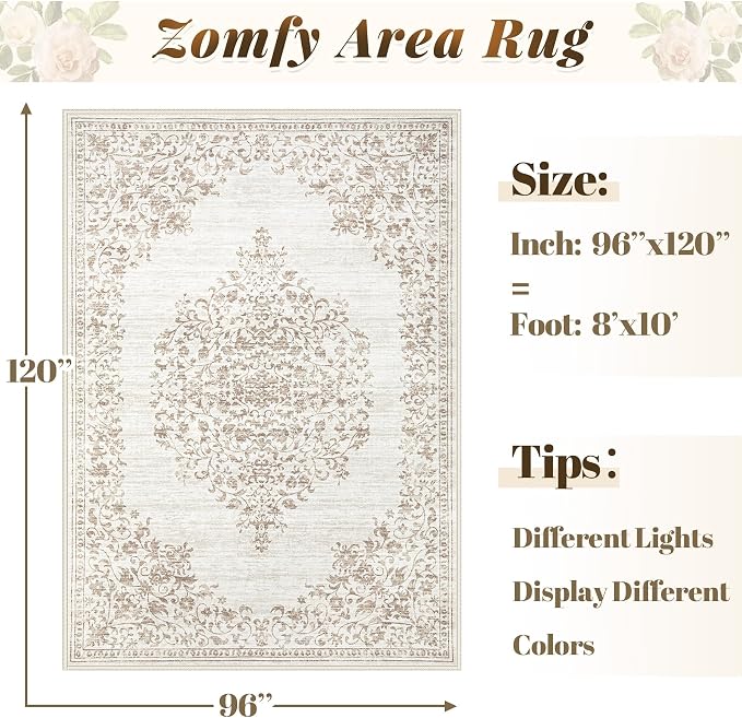 Area Rug 8x10 Vintage Rug: Large Washable Indoor Medallion Rugs Low Pile Distressed Floor Carpet Retro Accent Rug for Living Room Bedroom Kitchen Dining Table Home Office(Vintage Beige, 8'x10')