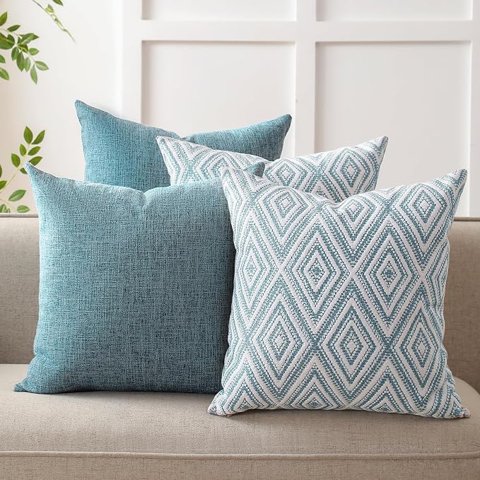 HPUK Throw Pillow Covers 18x18 Inch Set of 4, Blue Linen-Textured Decorative Pillow Covers, Square Accent Cushion Covers for Couch Sofa Bed Bedroom Living Room Decor, Covers Only