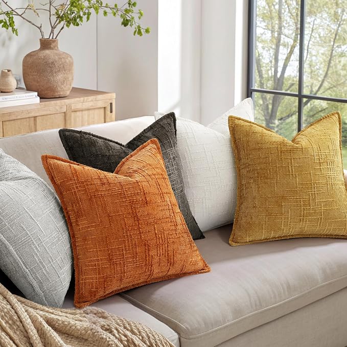 decorUhome Chenille Fall Throw Pillow Covers 22X22 Set of 2, Soft Textured Slubby Modern Decorative Pillow Covers with Elegant Design for Couch, Sofa, Living Room, Burnt Orange
