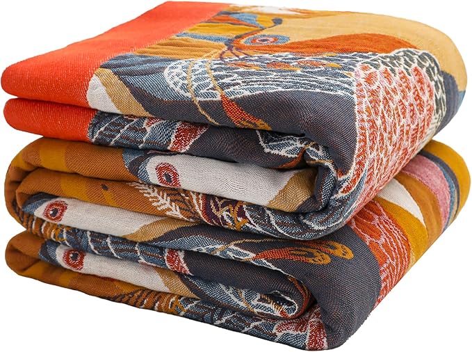 VANJOROY Boho Large Throw Blanket, 100% Organic Cotton Breathable Soft Bed Throw - Floral Bird Farmhouse Decor Blanket for Sofa Couch Chair Quilt and Gift. 91" x 98"- Colorful