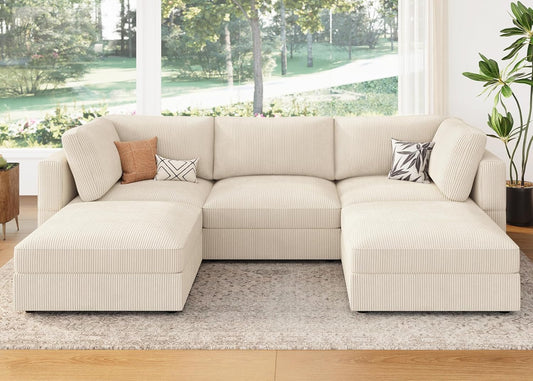 HONBAY Modular Sectional Sofa with Storage Corduroy U Shaped Sofa Modular Sectional Couches for Living Room,Beige