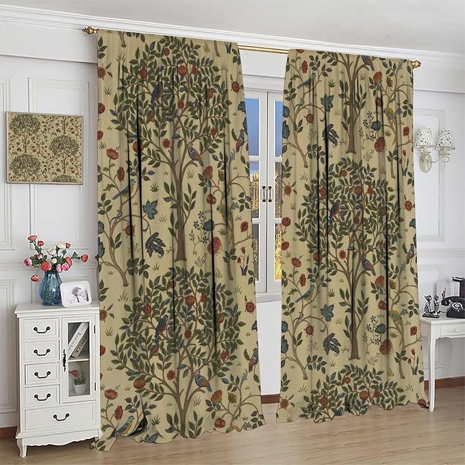 Vintage William Morris Forest Blackout Window Curtains, Rustic Boho Bird Plant Window Drapes, for Living Room Bedroom 31.5(W)*72(L) 2 Panels